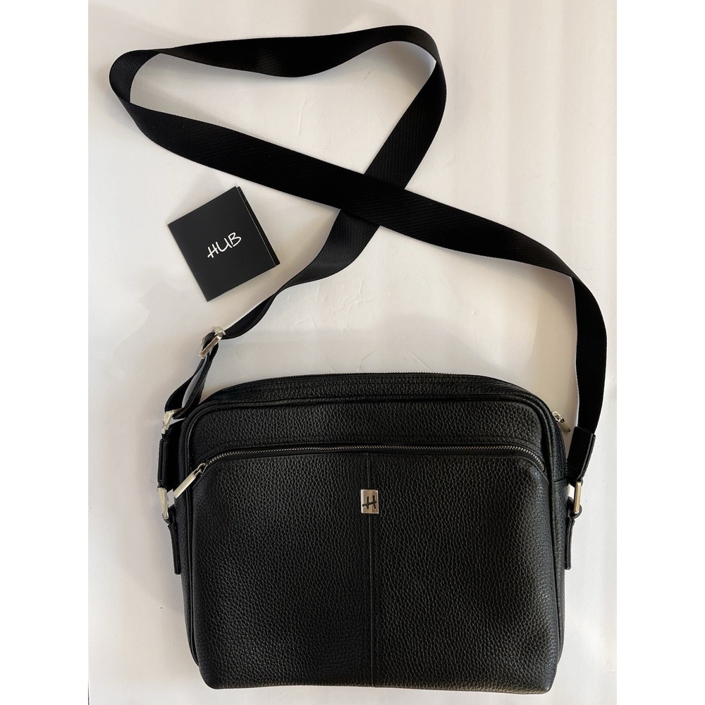 Hub Black Leather Crossbody Shoulder Bag Business Briefcase Tablet Laptop Bag